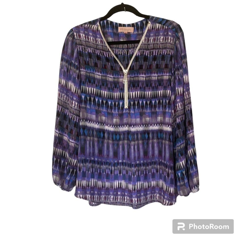 Philosophy Womens Blouse Top 1X Tunic Zipper Geometric Purple Puff Sleeve Career